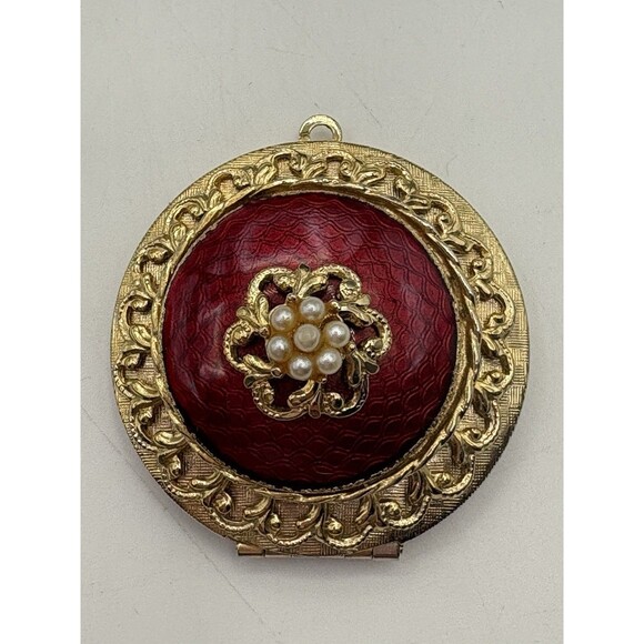 Vintage Mid Century Gold With Red Guilloche Enamel Seed Pearls Locket - Picture 1 of 5